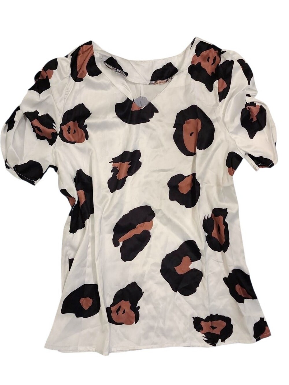 Woven Puff-Sleeve Blouse in Cream with Black & Brown Cheetah Print